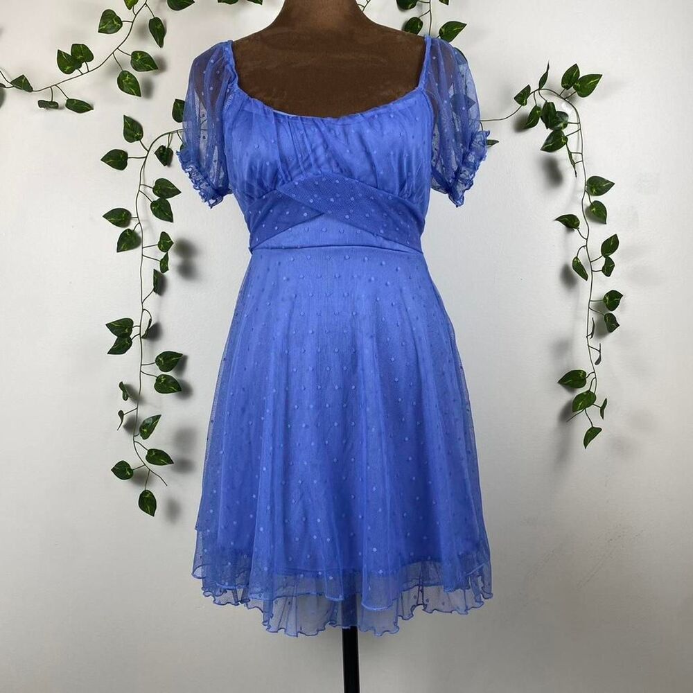 Charmed Hearts Blue polka dot babydoll dress sheer puff sleeves empire princess
